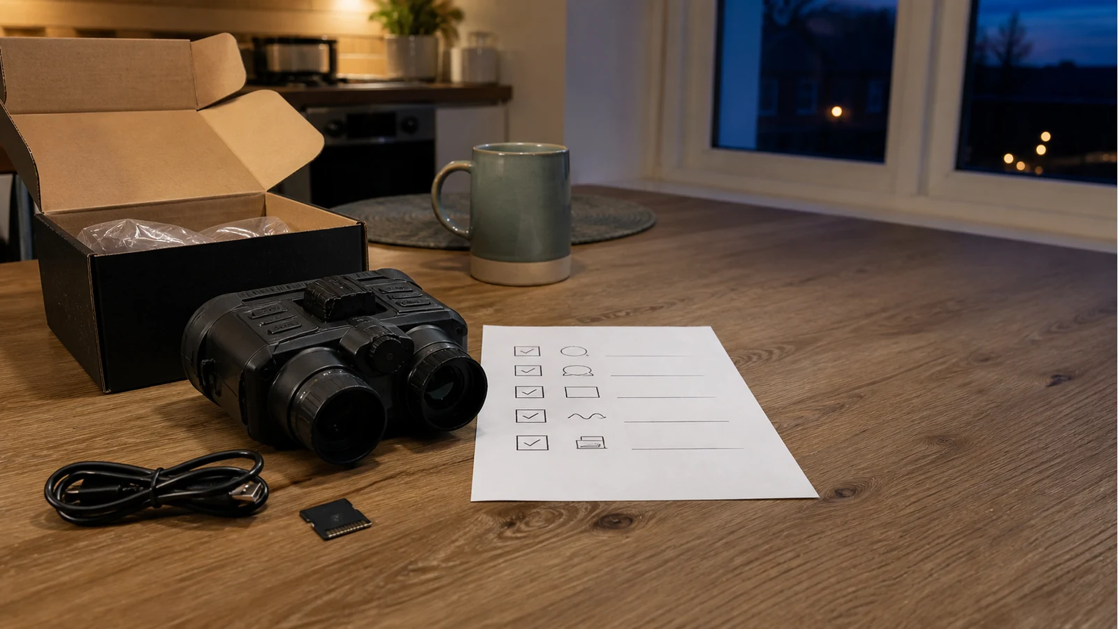 Beginner checking a budget digital night vision goggles checklist on a UK kitchen table