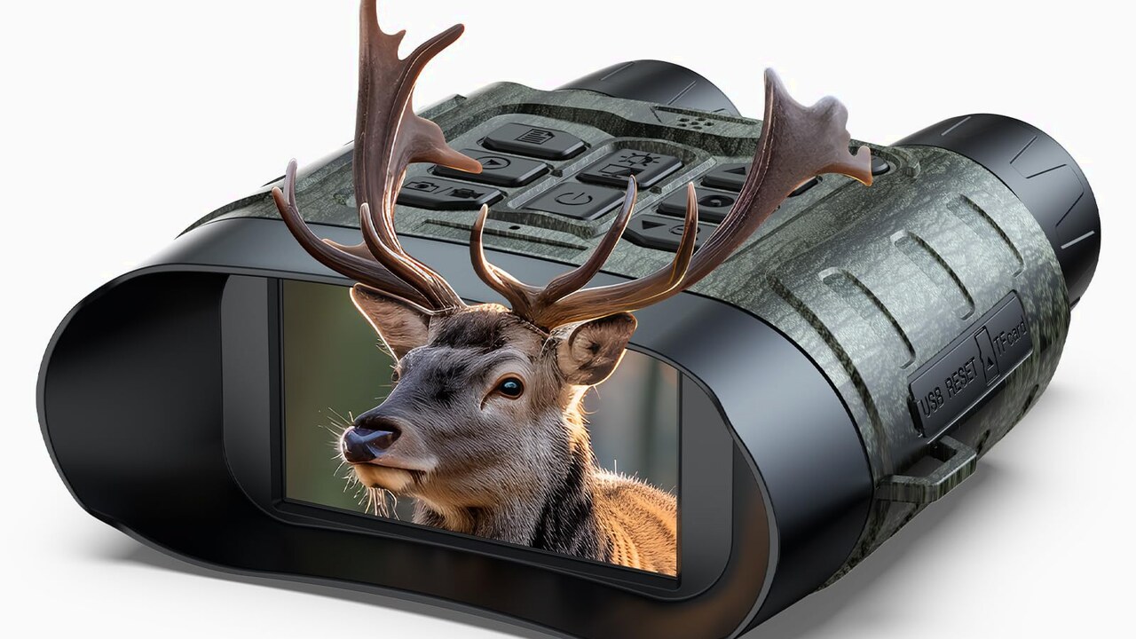 Digital night vision binoculars with a deer visible on the rear screen