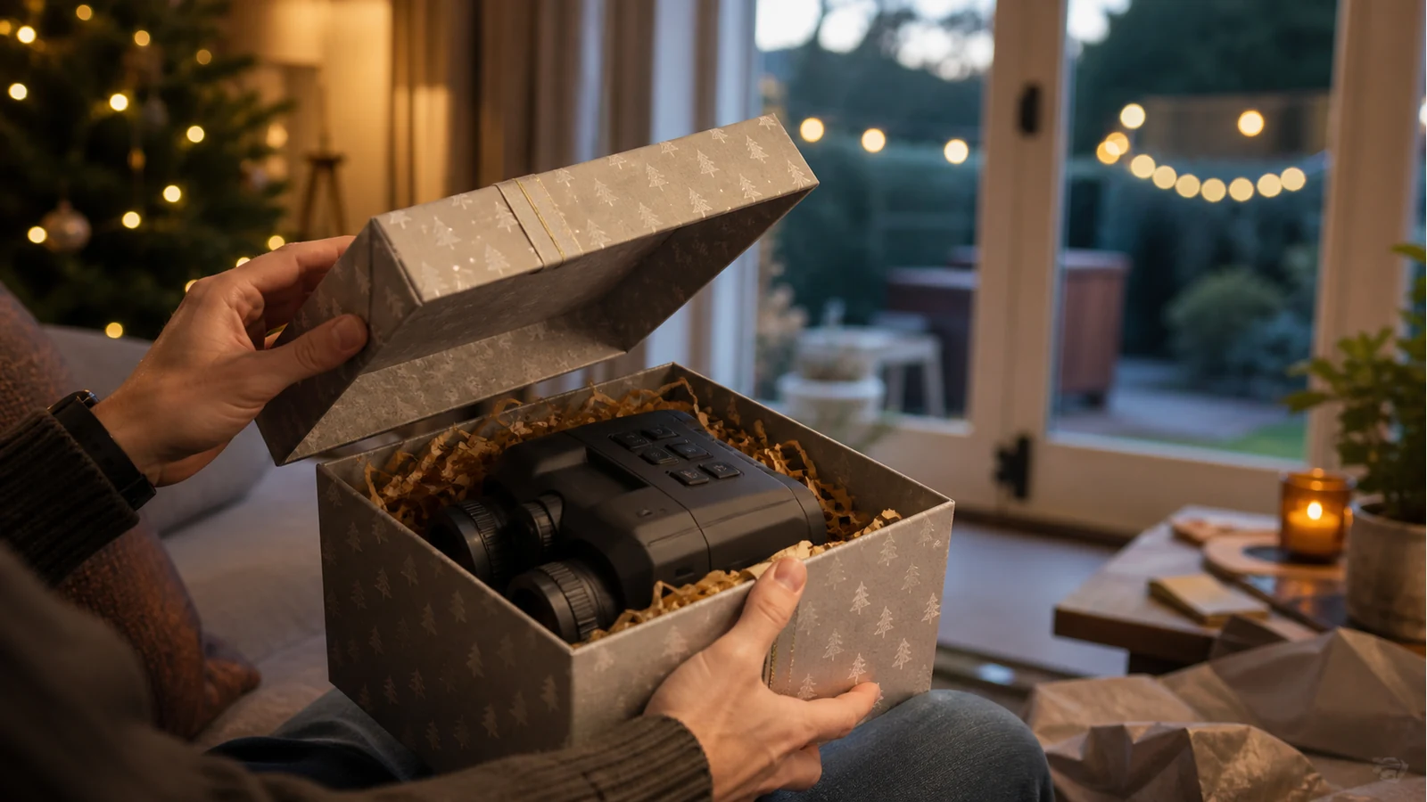 Opening a night vision goggles gift indoors with a UK garden door in the background