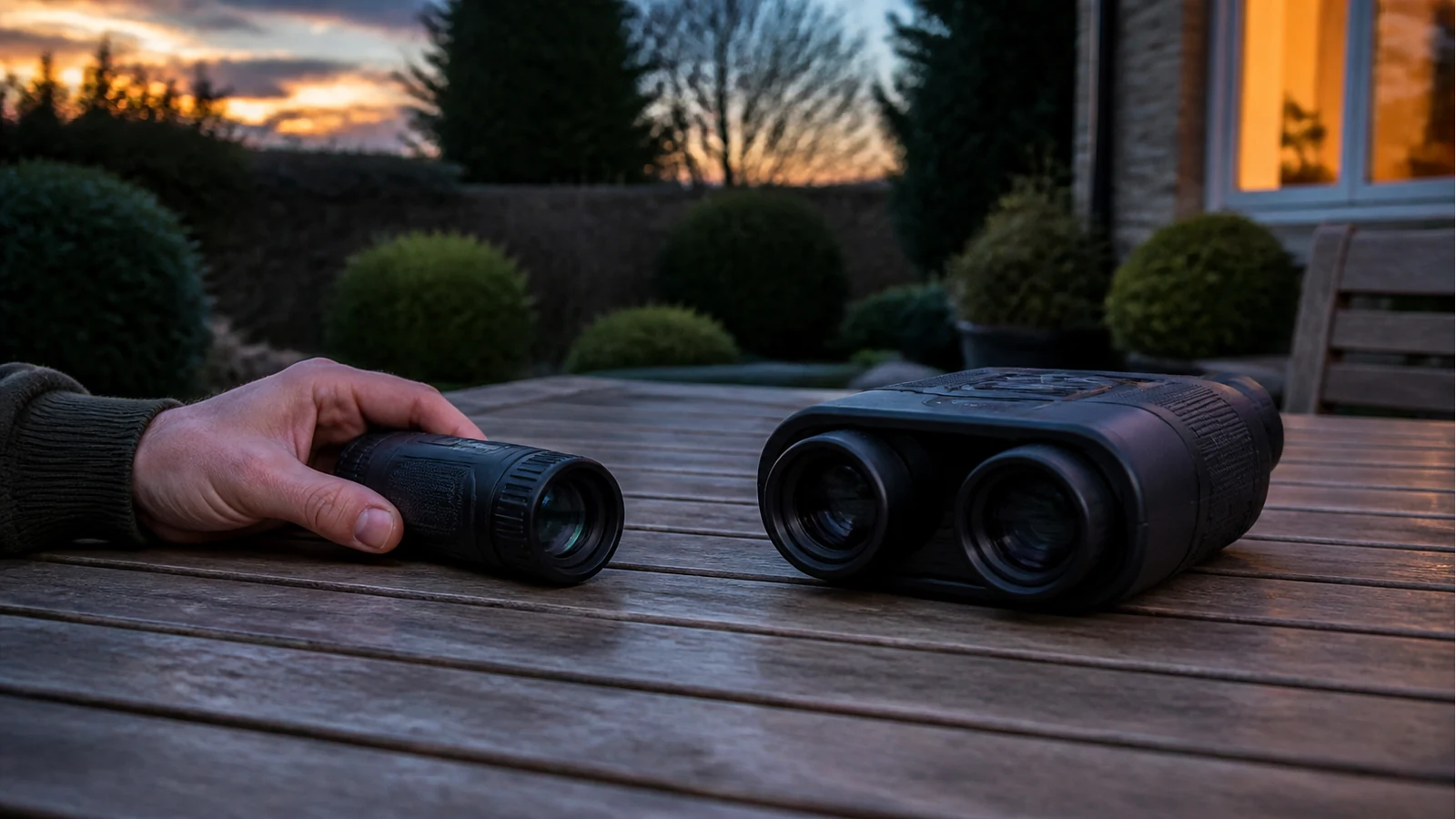 Comparing a night vision monocular and a binocular-style digital viewer on a UK garden table