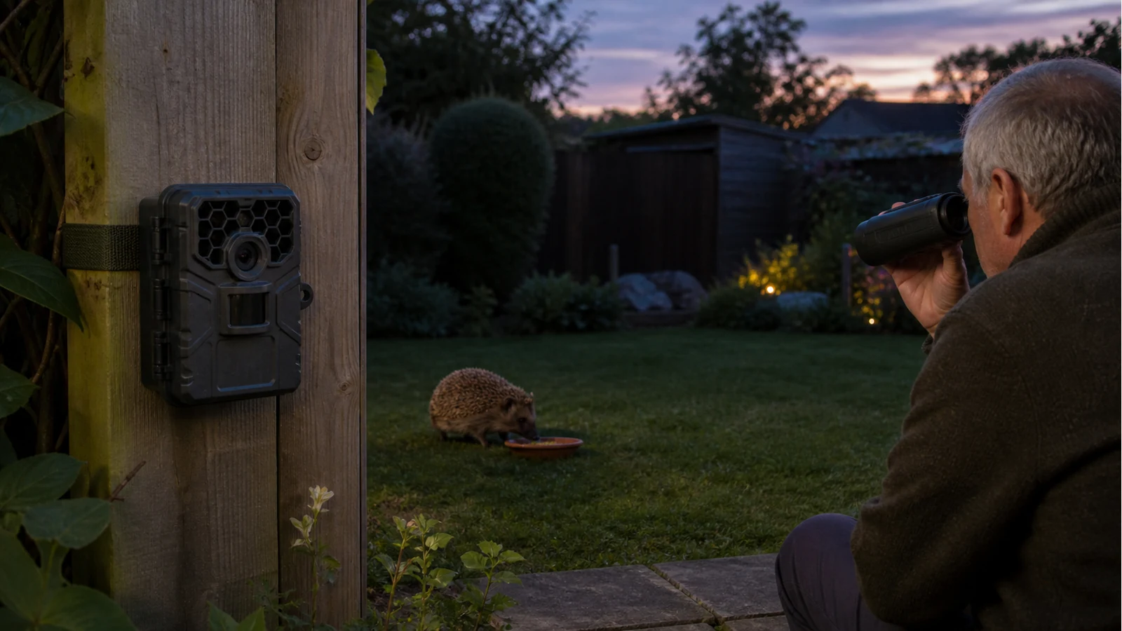 UK garden comparison of a trail camera on a fence and handheld night vision for live wildlife watching