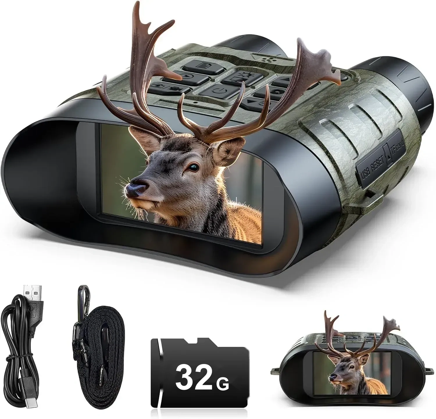 Digital night vision binoculars with deer display, USB cable, strap, and 32G memory card.