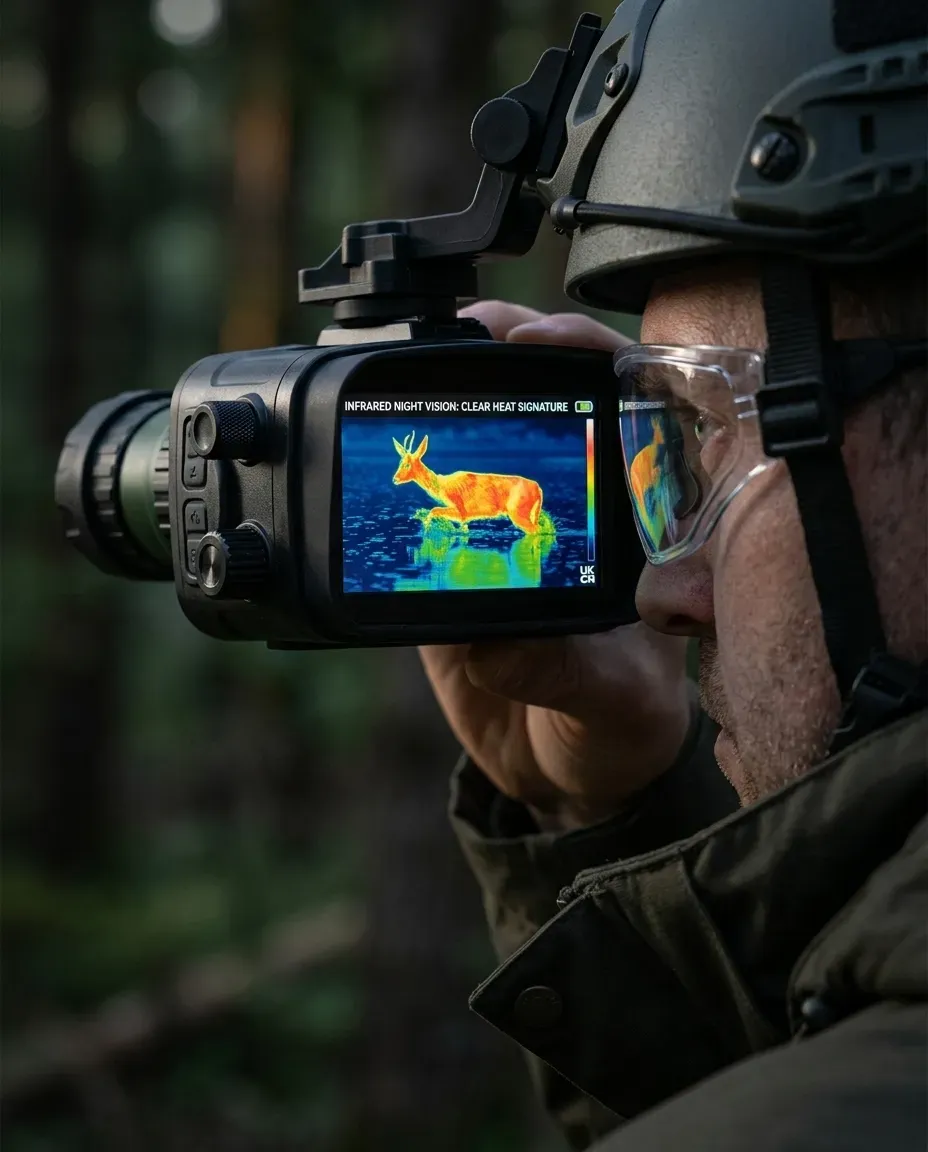 Night vision goggles showing wildlife through the viewing screen